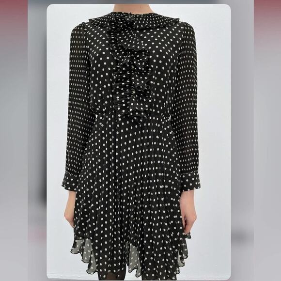 Zara Pleated Black Dress with White Polka Dot Printed Size Medium - Picture 4 of 9